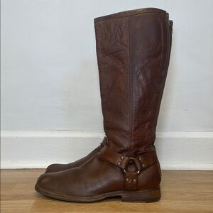 Frye Brown Leather Harness Knee-High Combat Boots